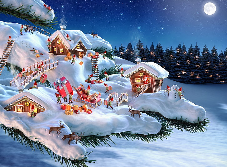 Santa and his Elves, Holidays, Christmas, Winter, Reindeer, Snow, HD wallpaper