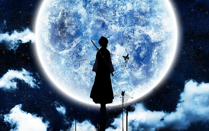 Moon, silhouette, Bleach, moonlight, anime, Kuchiki Rukia, HD wallpaper