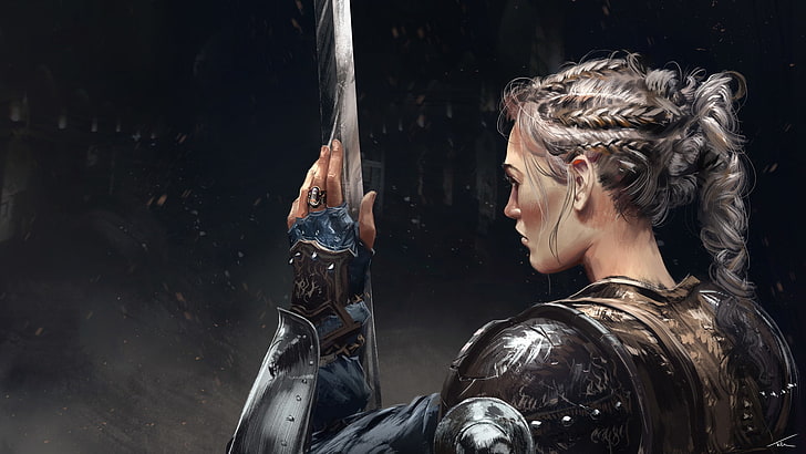 profile of woman illustration, warrior, fantasy art, sword, armor