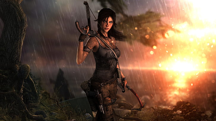Girl, Rain, Dirt, Bow, Weapons, Square Enix, Game, Lara Croft