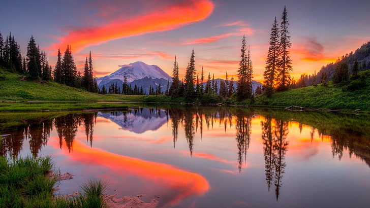 reflection, nature, sky, wilderness, mount rainier national park, HD wallpaper