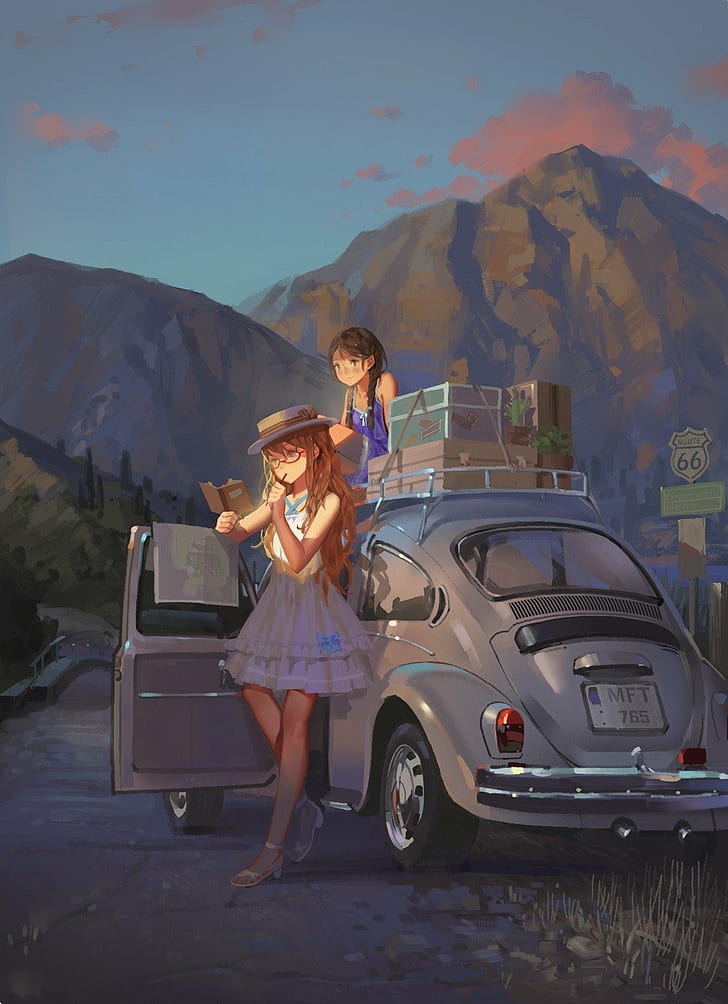 1061x1463 px Anime Girls car mountains Volkswagen Beetle Cars Other HD Art
