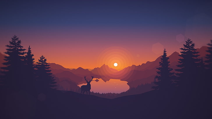 silhouette of reindeer and trees, Video Game, Firewatch, Sunset