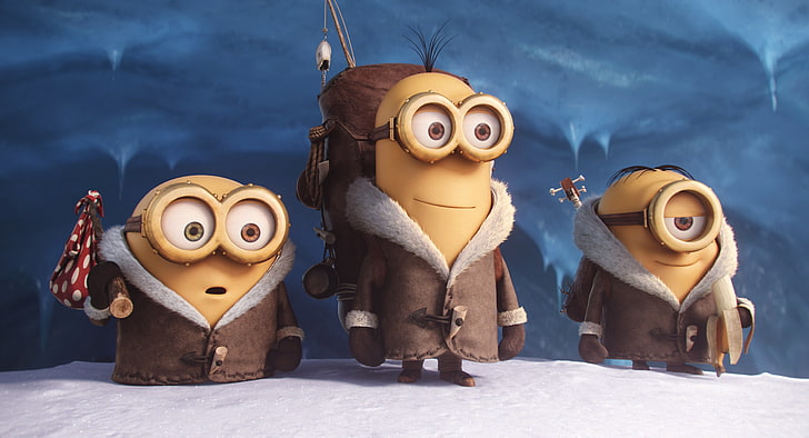 three Despicable Me Minions wearing coats digital wallpaper, yellow