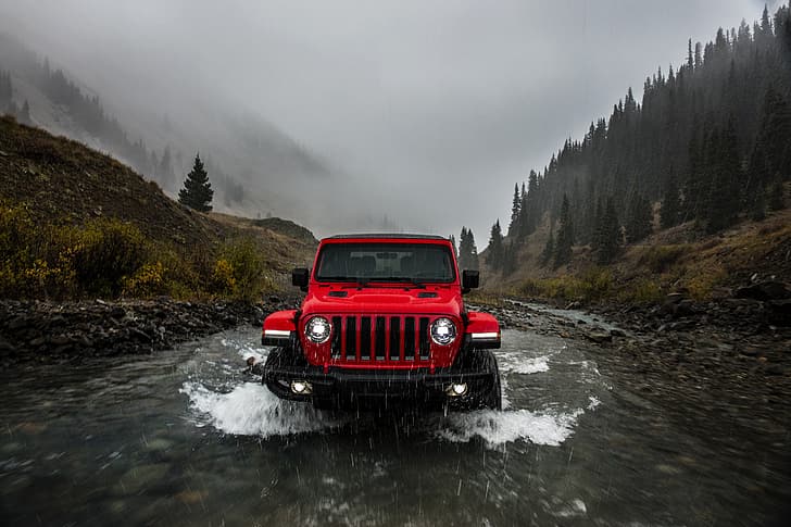 water, red, rain, overcast, 2018, Jeep, Wrangler Rubicon, HD wallpaper