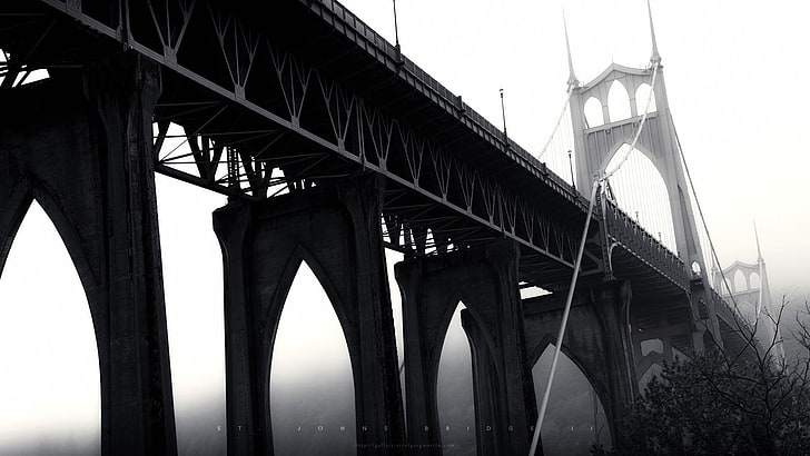 low-angle photograph suspension bridge, architecture, monochrome