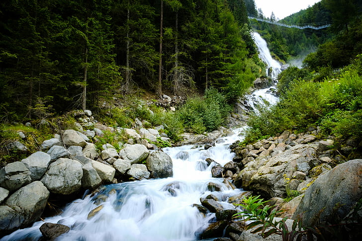 depth of field river sorrounded of green tress, cascade  waterfall, HD wallpaper