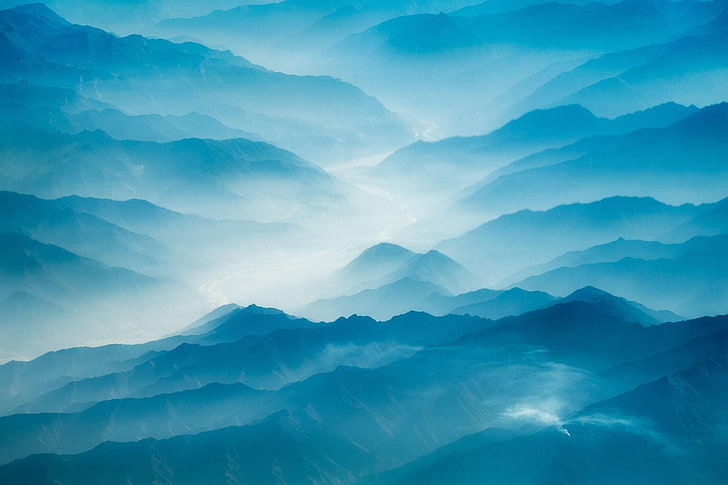 nature, landscape, aerial view, blue, mist, morning, mountains