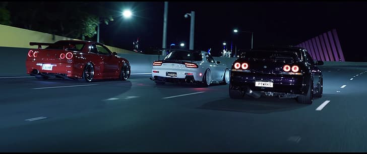 city lights, night, car, Nissan Skyline GT-R R34, Nissan Skyline GT-R R33