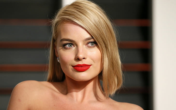 women, celebrity, Margot Robbie, red lipstick, blonde, face, HD wallpaper