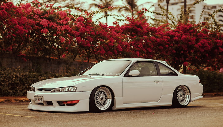 white coupe, flowers, tuning, Silvia, Nissan, Sylvia, S14, stance, HD wallpaper