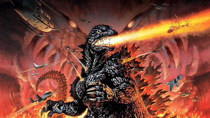 Godzilla wallpaper, movie poster, vintage, animal themes, orange color