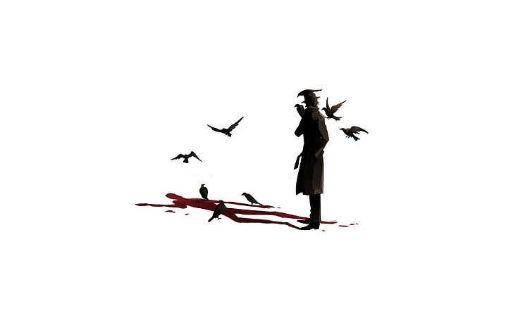 man in coat illustration, crow, blood, copy space, sky, no people