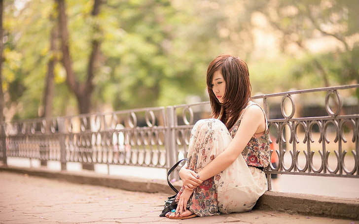 Asian, sitting, women, one person, railing, young adult, real people, HD wallpaper
