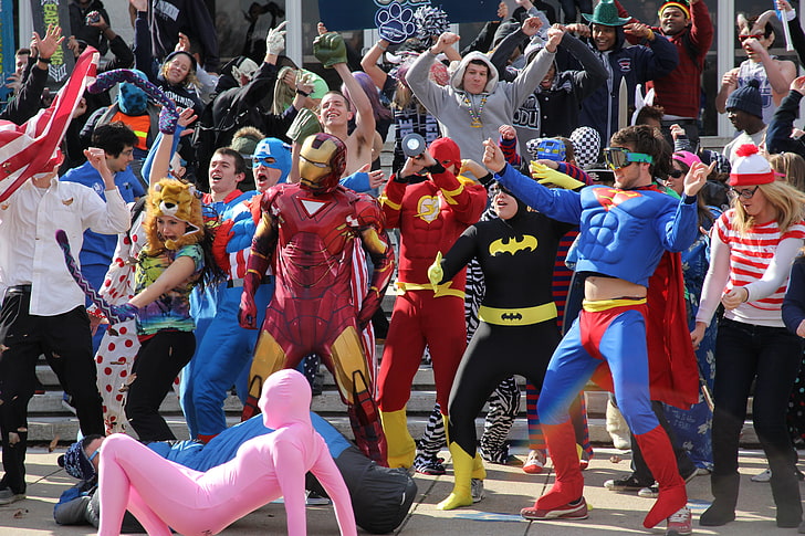Superhero costumes, harlem shake, dance, meme, people, crowd