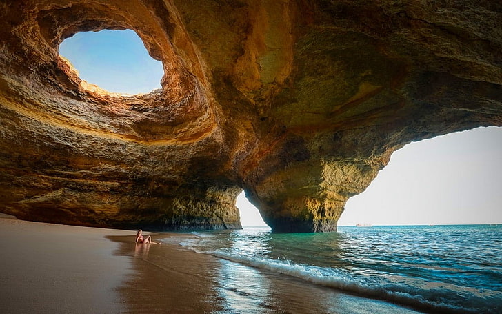 landscape, beach, erosion, women, sand, sea, cave, summer, Portugal