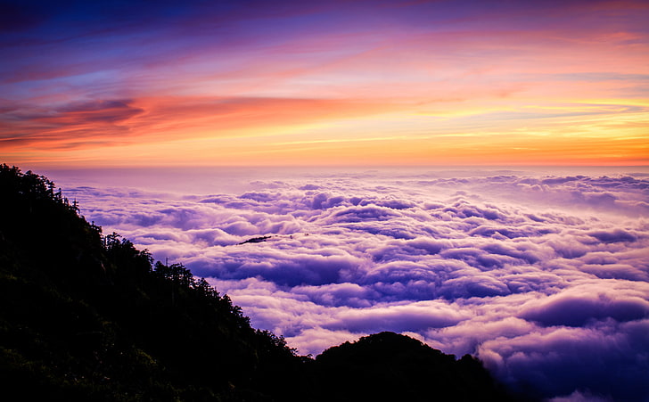 Above The Clouds, Nature, Sun and Sky, Purple, Sunset, Mountain, HD wallpaper