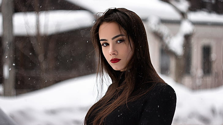 snow, cold, winter, makeup, red lipstick, women outdoors, portrait, HD wallpaper