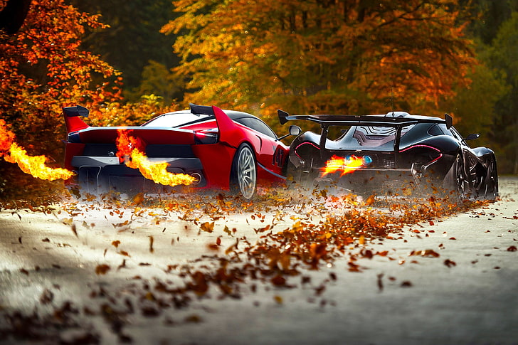 two black and red sport car racing on gray pavement road, supercars