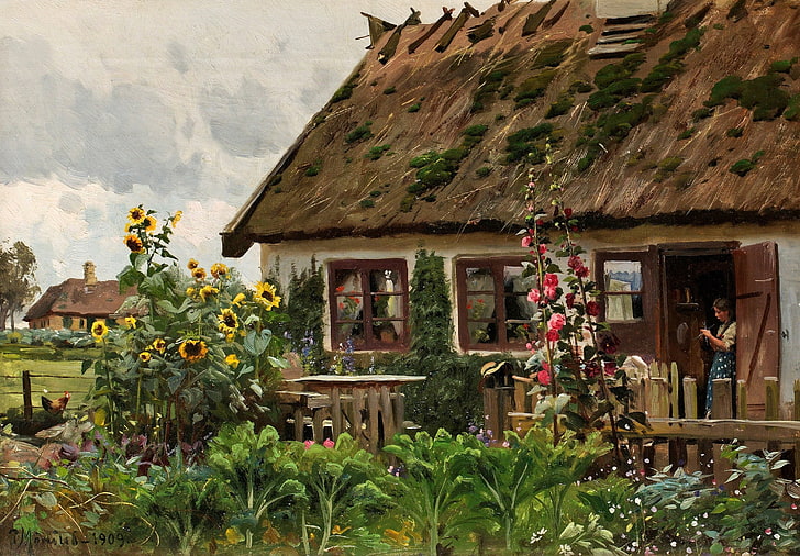 brown and beige wooden house painting, landscape, flowers, picture