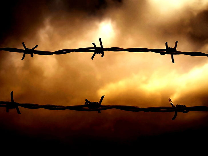 silhouette of barbed wire, sunset, sky, obstruction, clouds, fence, HD wallpaper