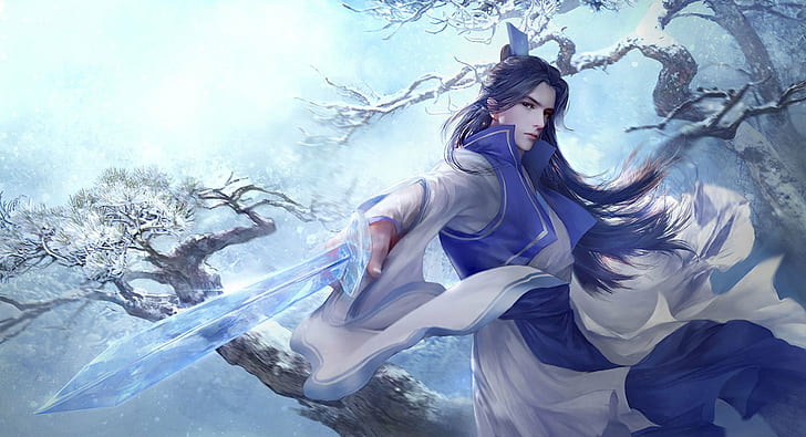 HD wallpaper: beautiful, game, guy, hair, ice, long, samurai, snow, sword |  Wallpaper Flare