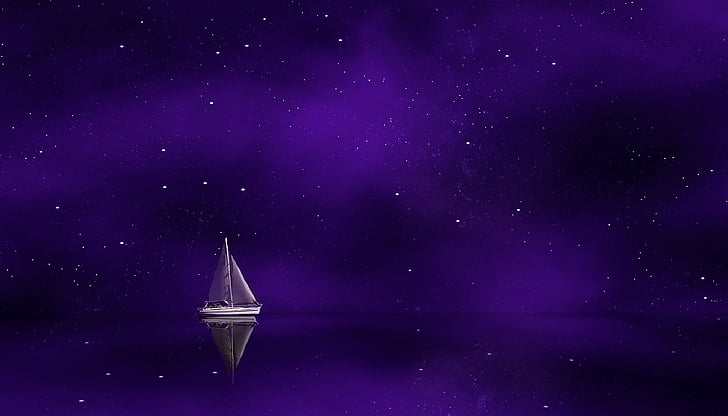 Sailing ship, Starry sky, Purple, Ocean, 4K