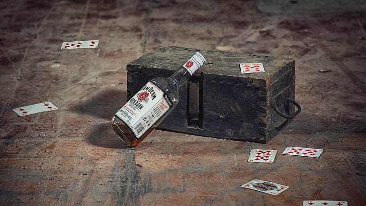 Jim Beam, alcohol, playing cards, bottles, arts culture and entertainment, HD wallpaper