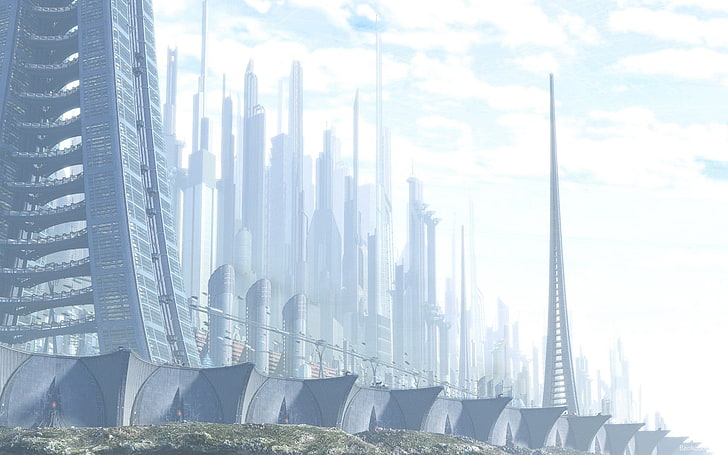 gray buildings illustration, science fiction, futuristic city