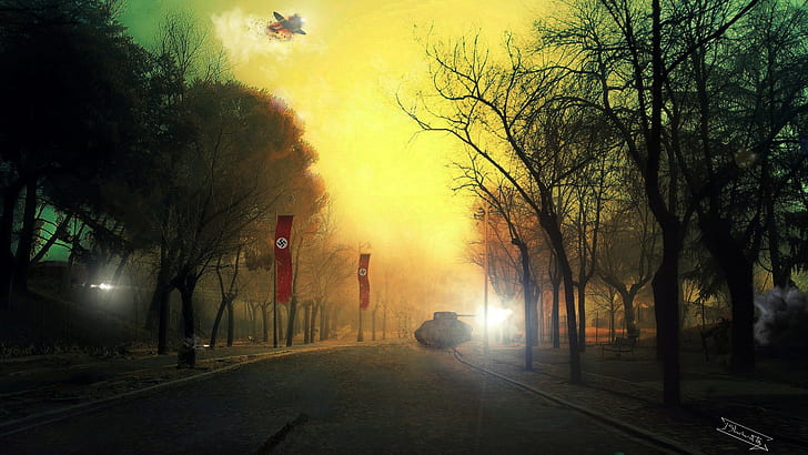 WWII World War Tank Nazi Street Trees Drawing HD, digital/artwork, HD wallpaper