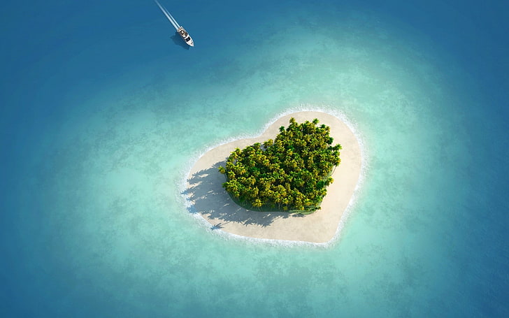 heart shaped, island, tropical, nature, no people, green color, HD wallpaper