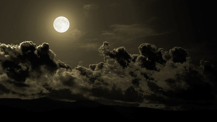 full moon and clouds illustration, landscape, storm, sky, digital art, HD wallpaper