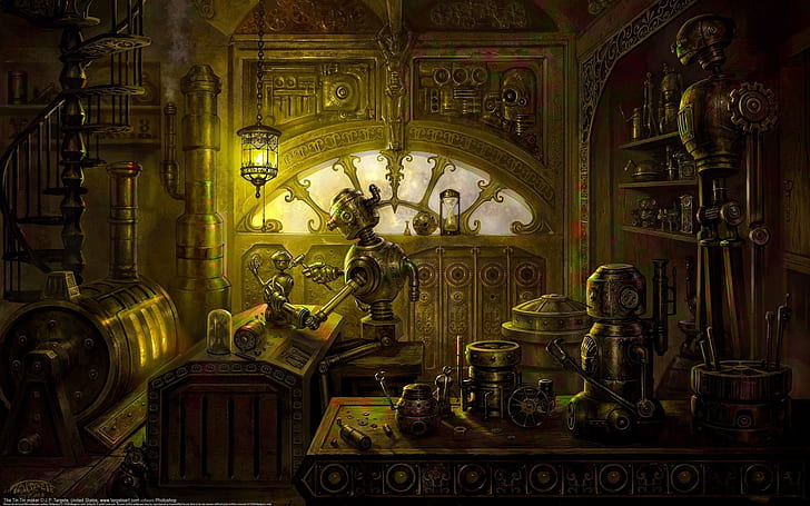 steampunk, robot, indoors, no people, metal, pattern, technology, HD wallpaper