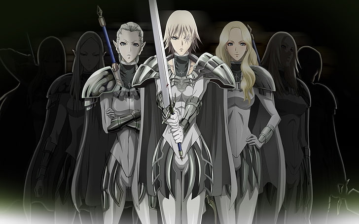 Claymore illustration, Anime, standing, indoors, front view, people