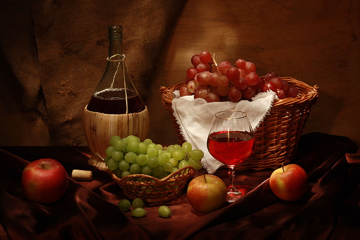 assorted fruits, wine, basket, apples, glass, bottle, grapes