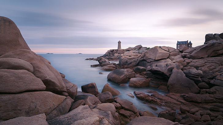 lighthouse, stones, rocks, sea, water, rock - object, solid, HD wallpaper