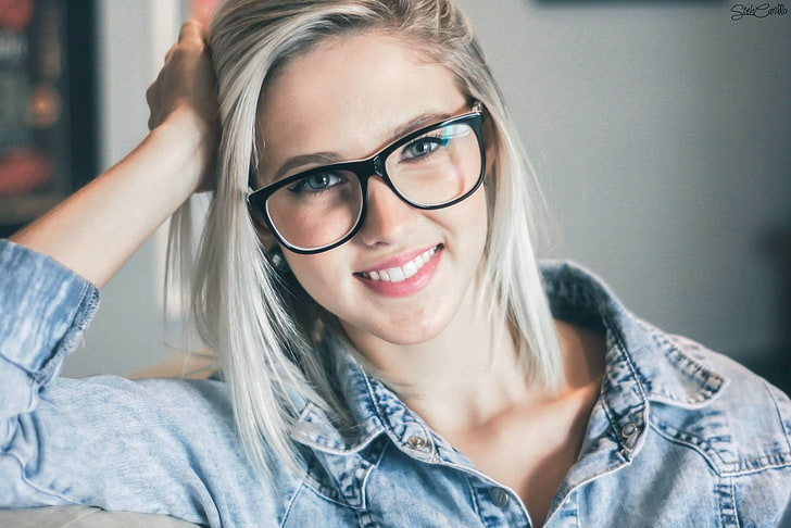 women's black framed eyeglasses, model, blonde, brunette, smiling