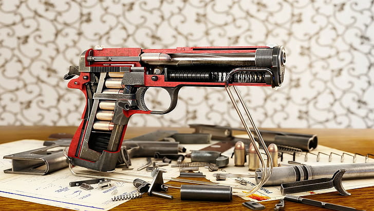 cutaway, pistol, M1911, gun, .45 Colt, World of Guns, ammunition, HD wallpaper