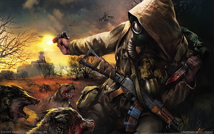 Far Cry digital wallpaper, dogs, Stalker, clear sky, weapon, gun