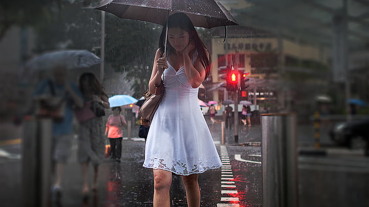 women's white sleeveless dress, rain, Asian, white dress, urban