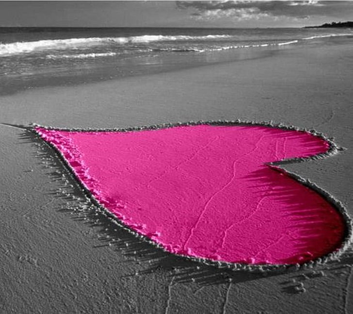 pink sand heart form photography, beach, water, pink color, no people