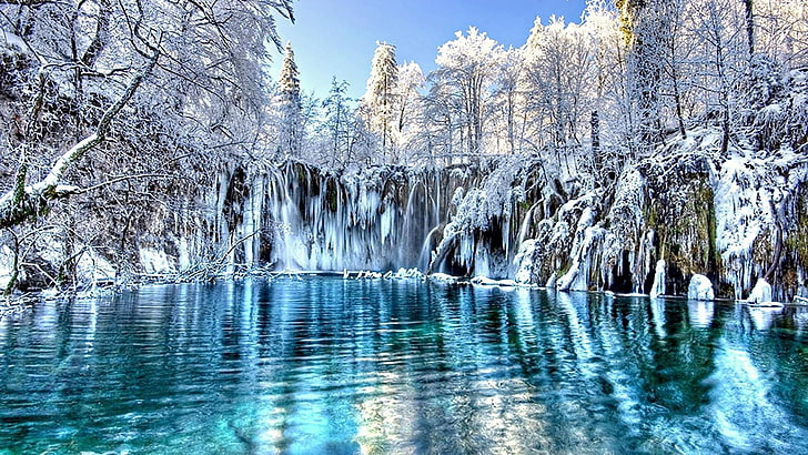 plitvice national park, croatia, europe, frozen, waterfall