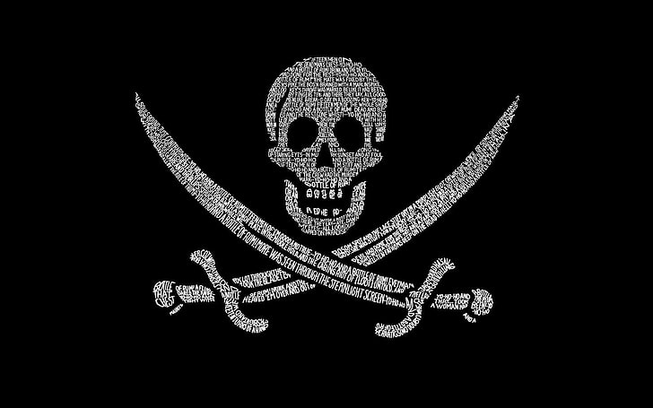 black and white pirate flag, skull, pirates, black background, HD wallpaper