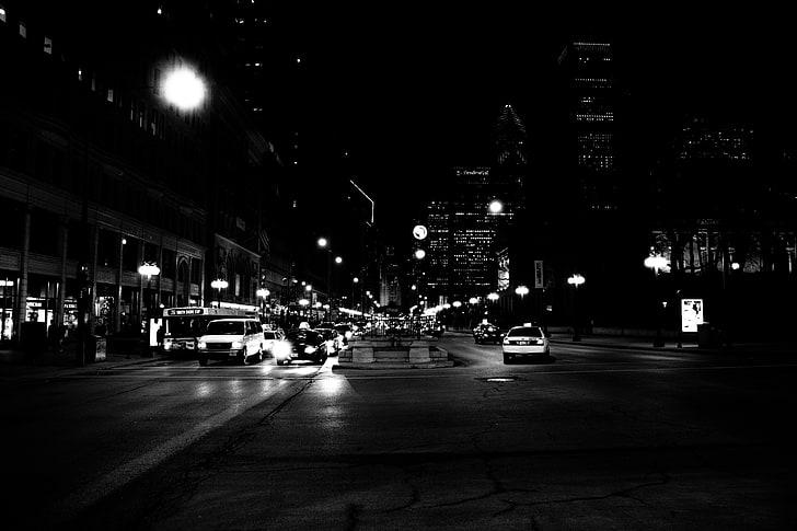 grayscale photo of road, city, night, cityscape, traffic, urban