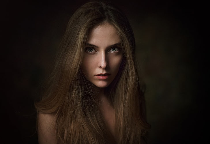 Amina Katinova, women, face, portrait, simple background, Maxim Maximov