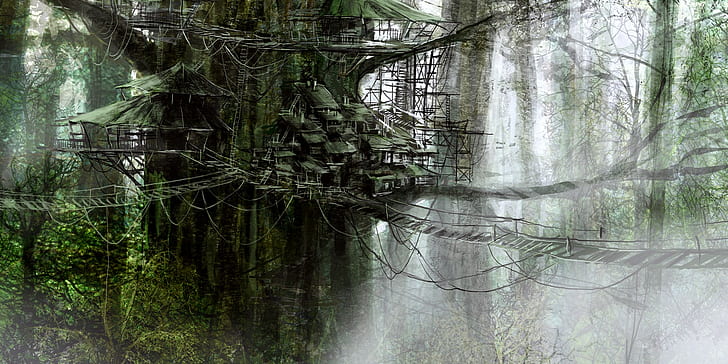 1800x900 px artwork digital art fantasy Art house leaves Pixelated plants ropes tree house Trees Video Games Kratos HD Art, HD wallpaper