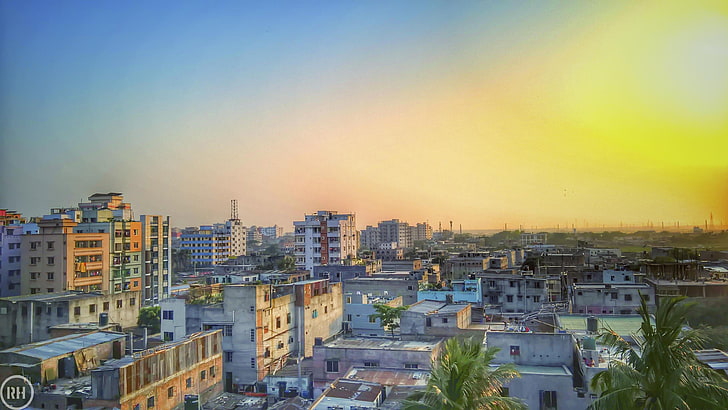 dhaka, bangladesh, blue, yellow, buildings, trees, building exterior, HD wallpaper