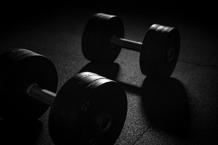 dark, dumbbell, fitness, muscle training, muscles, power sports, HD wallpaper