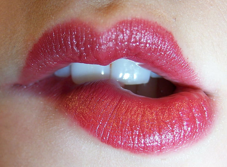 red lipstick, closeup, mouths, biting lip, juicy lips, HD wallpaper