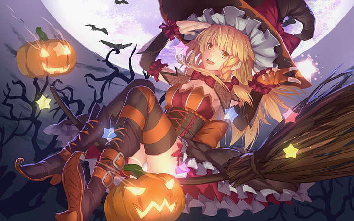 anime character wallpaper, Halloween, pumpkin, witch hat, heels, HD wallpaper